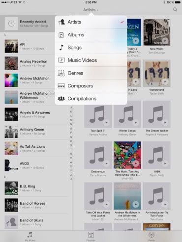 เลือกแสดงเป็น Albums, Artists, Genres, Songs ฯลฯ