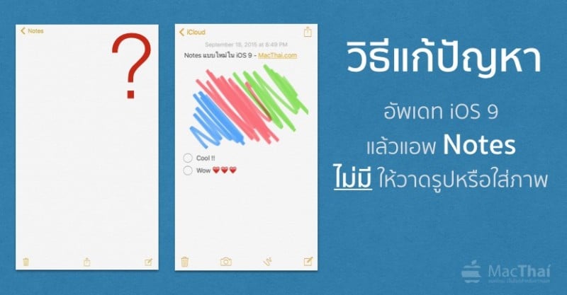 วิธีแก้ปัญหา อัพเดท iOS 9 แล้วแอพ Notes ไม่มีให้วาดรูปหรือใส่ภาพ
