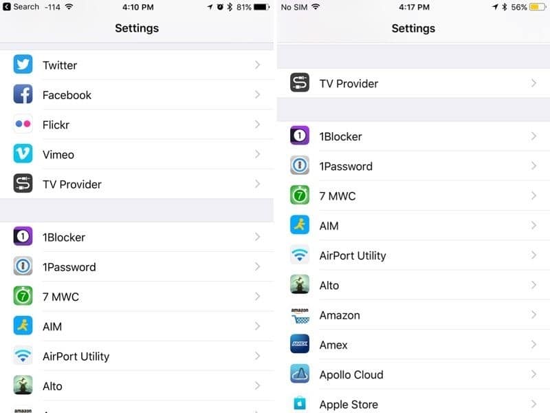 ซ้าย: Settings ใน iOS 10 ขวา: Settings ใน iOS 11 ที่ตัด Facebook-Twitter ออกไปอยู่ด้านล่างเหมือนแอพอื่น
