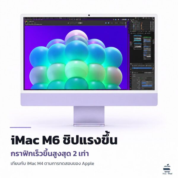 iMac M6 สีม่วงแสดงงานกราฟิกสามมิติ